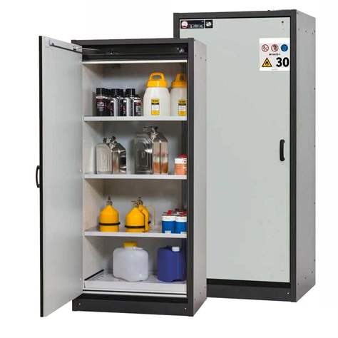 Bezpečnostní skříň na chemikálie 30 min., 3 police + vana, š. 864 mm, dveře šedé - asecos GmbH