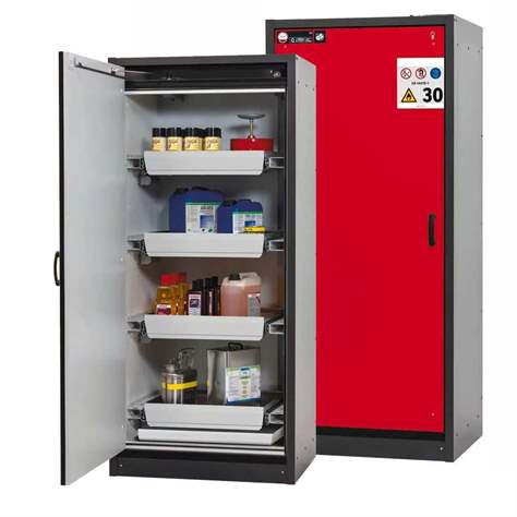 Bezpečnostní skříň na chemikálie 30 min., 4 zásuvky, š. 864 mm, dveře červené - asecos GmbH