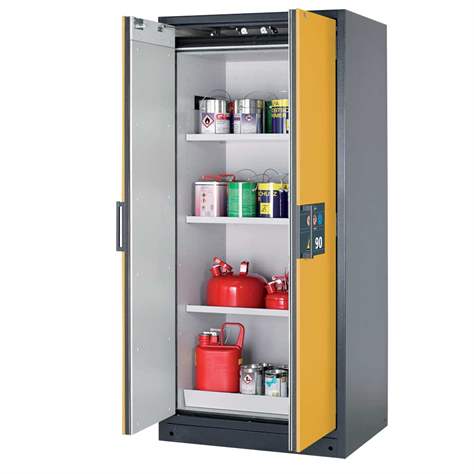 Bezpečnostní skříň na chemikálie 90 min., 3 police + vana, š. 900 mm, TSA/AGT, dveře žluté - asecos GmbH
