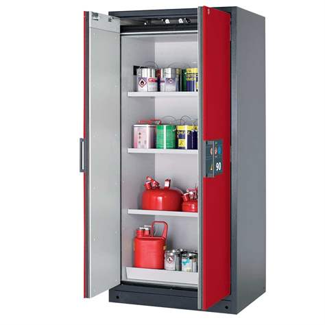 Bezpečnostní skříň na chemikálie 90 min., 3 police + vana, š. 900 mm, TSA/AGT, dveře červené - asecos GmbH