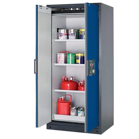 Bezpečnostní skříň na chemikálie 90 min., 3 police + vana, š. 900 mm, dveře modré - asecos GmbH