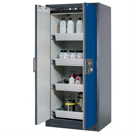 Bezpečnostní skříň na chemikálie 90 min., 4 zásuvky, š. 900 mm, dveře modré - asecos GmbH
