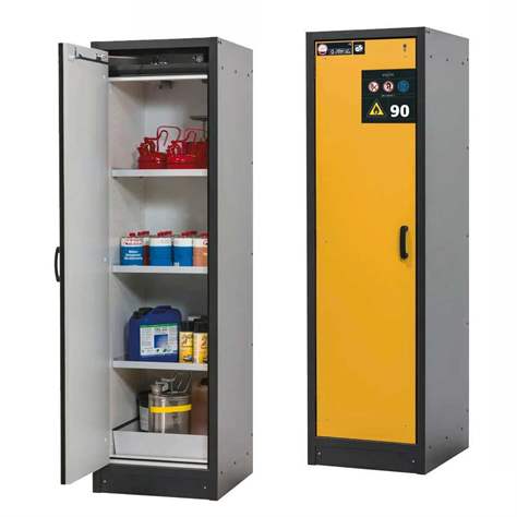 Bezpečnostní skříň na chemikálie 90 min., 3 police + vana, š. 600 mm, TSA dveře žluté - asecos GmbH
