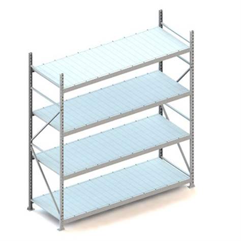 Regál zásuvný MINI-RACK, V: 2500 mm, 4 police 2200 x 800 mm z plechových panelů, nosnost 600 kg, základní - META Skladovací technika