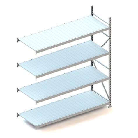 Regál zásuvný MINI-RACK, V: 2500 mm, 4 police 2200 x 800 mm z plechových panelů, nosnost 600 kg, přídavný - META Skladovací technika