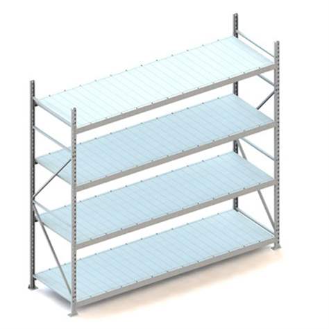 Regál zásuvný MINI-RACK, V: 2500 mm, 4 police 2600 x 800 mm z plechových panelů, nosnost 490 kg, základní - META Skladovací technika