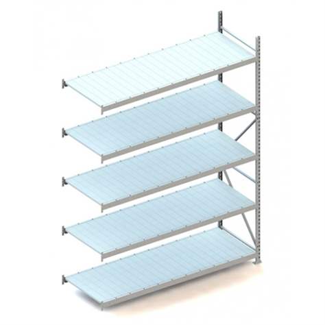 Regál zásuvný MINI-RACK, V: 3000 mm, 5 polic 2200 x 800 mm z plechových panelů, nosnost 600 kg, přídavný - META Skladovací technika