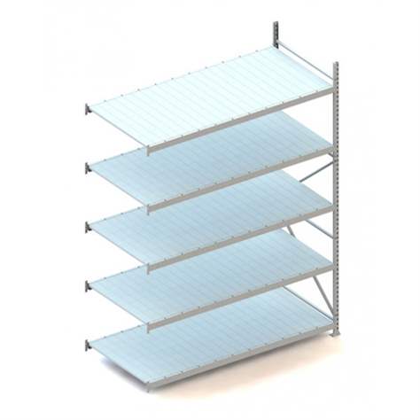 Regál zásuvný MINI-RACK, V: 3000 mm, 5 polic 2200 x 1050 mm z plechových panelů, nosnost 600 kg, přídavný - META Skladovací technika