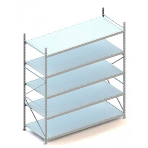 Regál zásuvný MINI-RACK, V: 3000 mm, 5 polic 2600 x 1050 mm z plechových panelů, nosnost 490 kg, základní - META Skladovací technika
