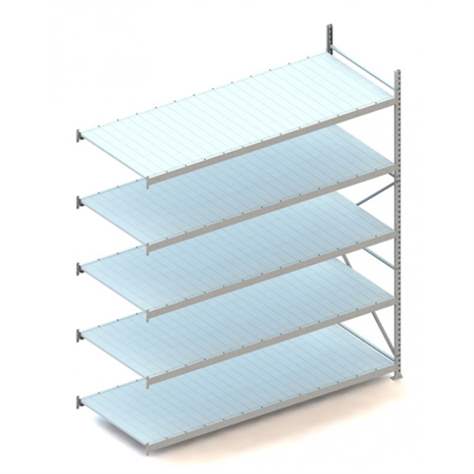 Regál zásuvný MINI-RACK, V: 3000 mm, 5 polic 2600 x 1050 mm z plechových panelů, nosnost 490 kg, přídavný - META Skladovací technika