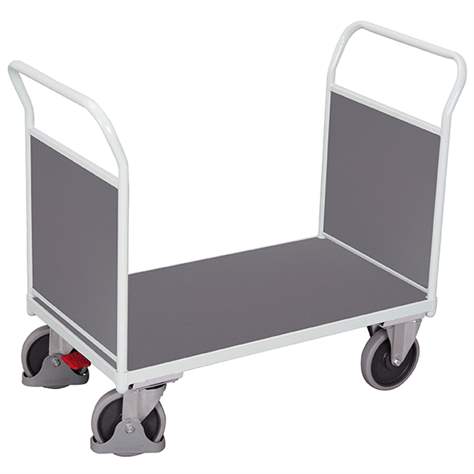 Cărucior marfă cu platformă VARIOfit 1000 x 600 mm, cu 2 mânere tip panou lemn în capete, cap. port. 500 kg, culoare gri RAL7035 /placă gri - Cordes