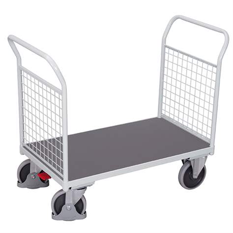 Cărucior marfă cu platformă VARIOfit 1000 x 700 mm, cu 2 mânere tip panou grilaj în capete, cap. port. 500 kg, culoare gri RAL7035 /placă gri - Cordes