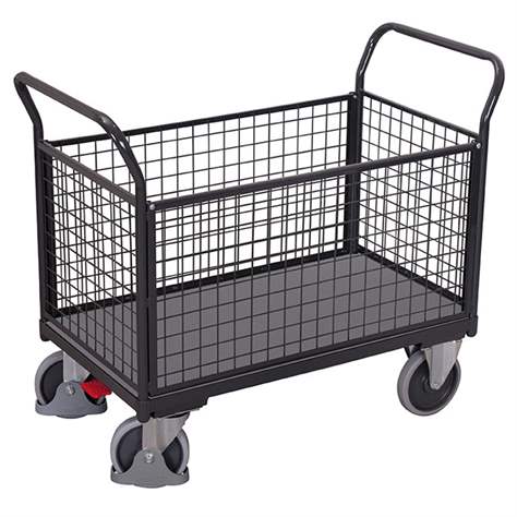 Plošinový vozík VARIOfit se čtyřmi bočními stěnami s drátěnou výplní, 1200 x 800 mm, nosnost 500 kg, barva antracit RAL7016 /deska šedá - Cordes