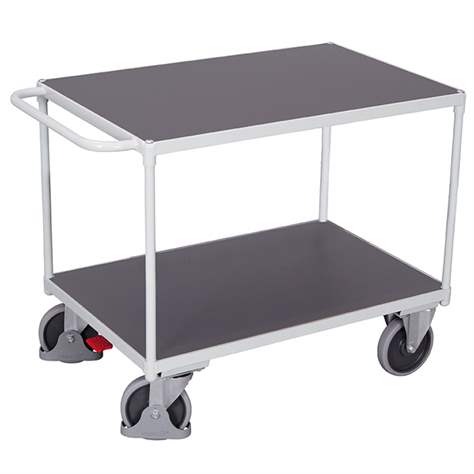 Tischwagen VARIOfit, 2 Etagen, Ladefläche Holzwerkstoffplatte, 1000x600 mm, Tragfähigkeit 500 kg, Farbe Lichtgrau RAL7035 /Platte Grau - Cordes