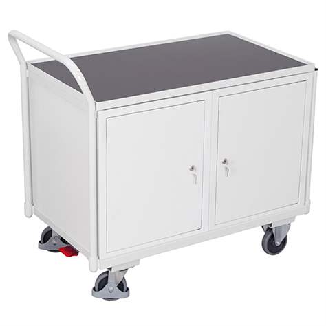 Cărucior de atelier - cărucior de scule, cap. port. 250 kg, platformă de încărcare 985 x 590 mm, 2 dulapuri cu polițe, culoare gri RAL7035 /placă gri - Cordes