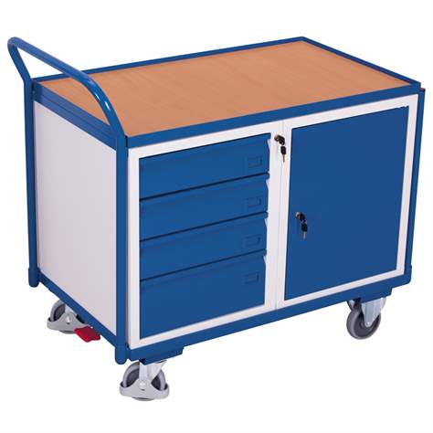 Werkstattwagen VARIOfit, Traglast 250 kg, Ladefläche 985 x 590 mm, 1 Fachbodenschrank, 4 Schubladen - Cordes