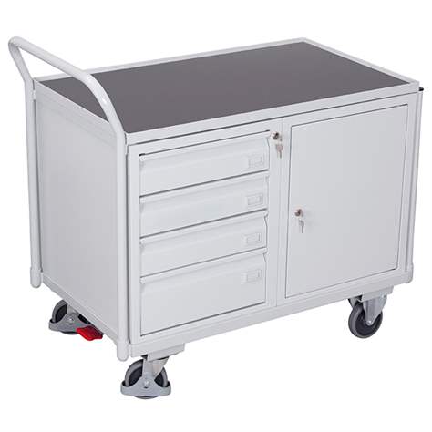 Werkstattwagen VARIOfit, Traglast 250 kg, Ladefläche 985 x 590 mm, 1 Fachbodenschrank, 4 Schubladen, Farbe Lichtgrau RAL7035 /Platte Grau - Cordes