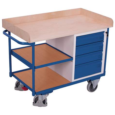 Werkstattwagen VARIOfit, Traglast 400 kg, Ladefläche mit Holzrahmen 1125 x 630 mm, 4 Schubladen - Cordes