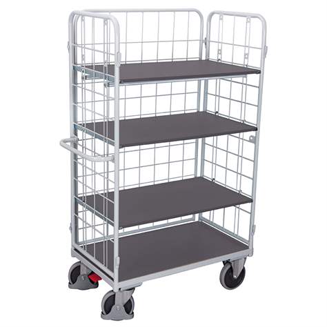 Etagenwagen VARIOfit mit 3 Hochwänden, Gesamthöhe 1780 mm, 4 Etagen 850x500 mm, Tragfähigkeit 400 kg, Farbe Lichtgrau RAL7035 /Platte Grau - Cordes