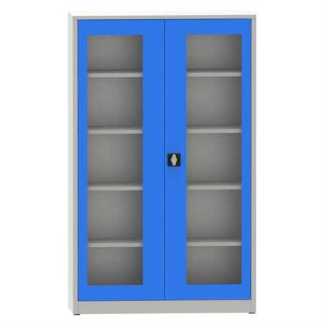 Univerzální ocelová skříň s prosklenými dveřmi, v x š x h: 1950x1200x400 mm, 4 police, barva šedá RAL7035/modrá RAL5012 - Kovona Lysa nad Labem - obrázek2