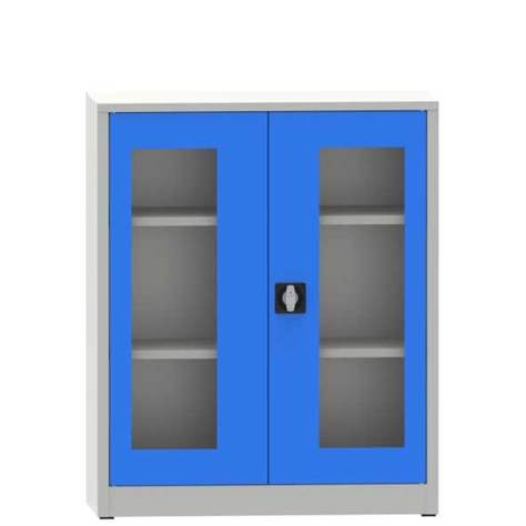 Dulap metalic de atelier cu ferestre transparente - department steel furniture, HxLxl: 1150x950x400 mm, 2 polițe, culoare gri RAL7035/albastru RAL5012 - Kovona Lysa nad Labem