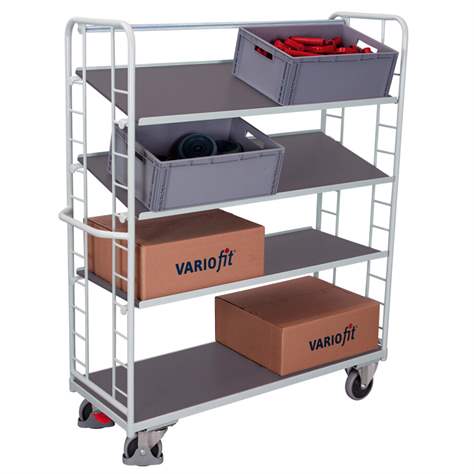 Etagenwagen VARIOfit mit Schrägboden, 4 Etagen, 1650 x 650 mm, Tragfähigkeit 400 kg, Farbe Anthrazit RAL7016 /Platte Grau - Cordes - Bild3