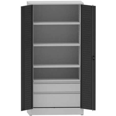 Dílenská skříň na nářadí, v x š x h: 1950x950x500 mm, perforované panely, 3 x police, 2 x zásuvka, barva šedá RAL7035/antracit RAL7016 - Kovona Lysa nad Labem