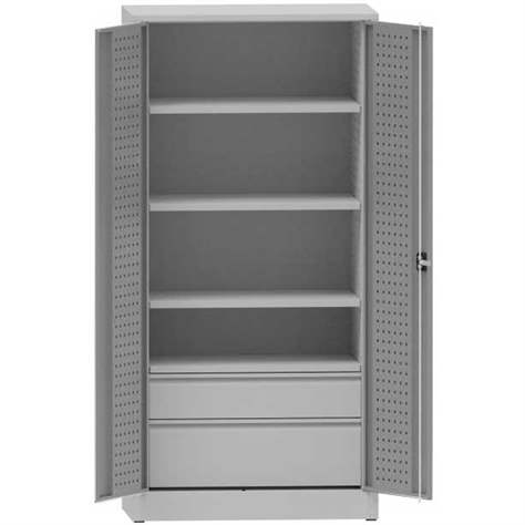 Dílenská skříň na nářadí, v x š x h: 1950x950x500 mm, perforované panely, 3 x police, 2 x zásuvka, barva šedá RAL7035/šedá RAL7035 - Kovona Lysa nad Labem