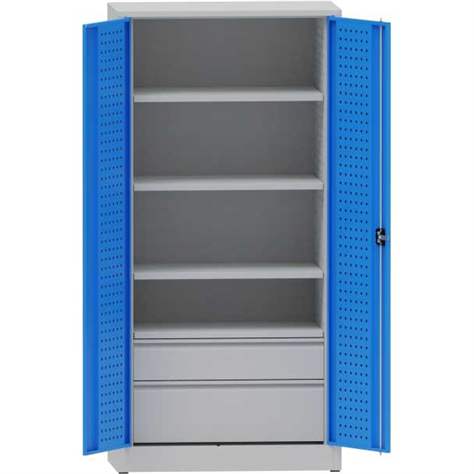 Dílenská skříň na nářadí, v x š x h: 1950x950x500 mm, perforované panely, 3 x police, 2 x zásuvka, barva šedá RAL7035/modrá RAL5012 - Kovona Lysa nad Labem