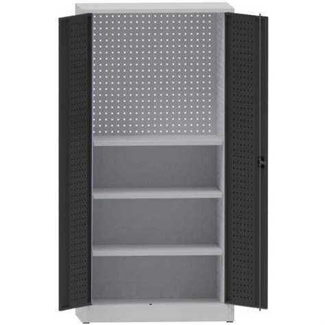Dílenská skříň na nářadí, v x š x h: 1950x950x500 mm, perforované panely, 3 x police, barva šedá RAL7035/antracit RAL7016 - Kovona Lysa nad Labem