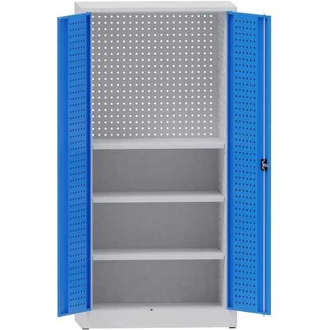 Dílenská skříň na nářadí, v x š x h: 1950x950x500 mm, perforované panely, 3 x police, barva šedá RAL7035/modrá RAL5012 - Kovona Lysa nad Labem