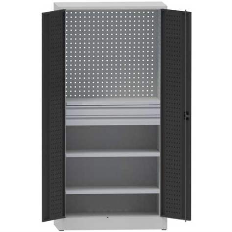 Werkstattschrank mit Lochplatten, 2 Fachböden, 2 Schubladen, HxBxT: 1950x950x500 mm, Lichtgrau RAL7035 /Anthracit RAL7016 - Kovona Lysa nad Labem