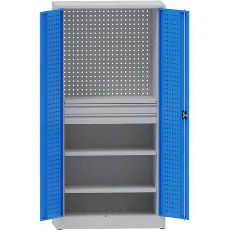 Werkstattschrank mit Lochplatten, 2 Fachböden, 2 Schubladen, HxBxT: 1950x950x500 mm, Lichtgrau RAL7035 /Blau RAL5012 - Kovona Lysa nad Labem