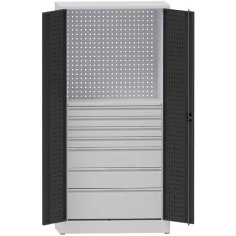 Dílenská skříň na nářadí, v x š x h: 1950x950x500 mm, perforované panely, 7 x zásuvka, barva šedá RAL7035/antracit RAL7016 - Kovona Lysa nad Labem