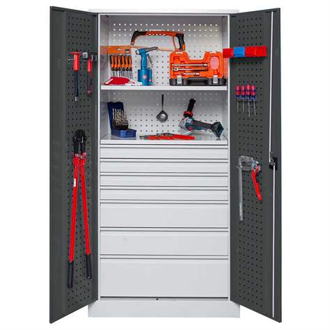 Dílenská skříň na nářadí, v x š x h: 1950x950x500 mm, perforované panely, 7 x zásuvka, barva šedá RAL7035/antracit RAL7016 - Kovona Lysa nad Labem - obrázek3