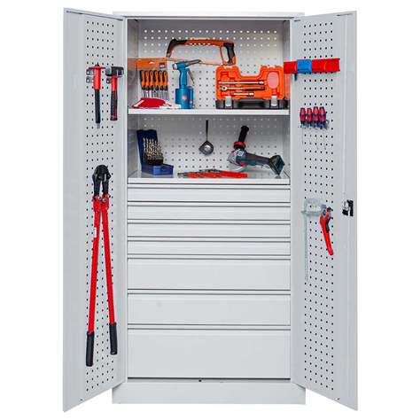 Dílenská skříň na nářadí, v x š x h: 1950x950x500 mm, perforované panely, 7 x zásuvka, barva šedá RAL7035/šedá RAL7035 - Kovona Lysa nad Labem - obrázek3