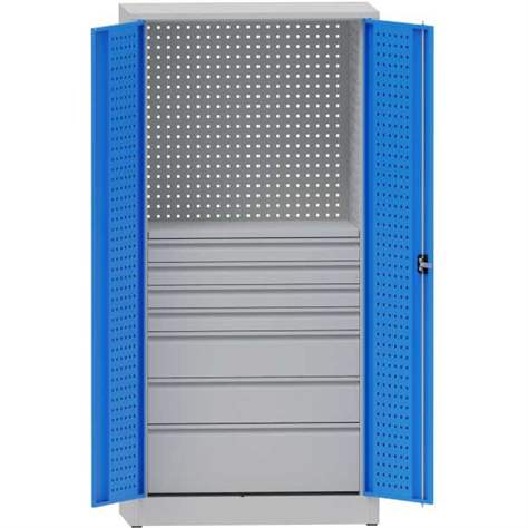 Dílenská skříň na nářadí, v x š x h: 1950x950x500 mm, perforované panely, 7 x zásuvka, barva šedá RAL7035/modrá RAL5012 - Kovona Lysa nad Labem
