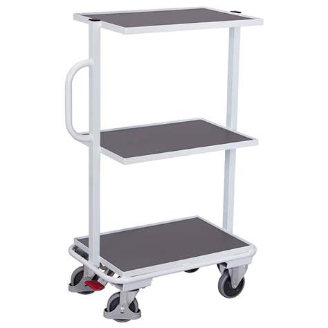 Cărucior industrial punere la dispoziție (deservire) VARIOfit, 3 polițe îfixe din placaj lemn, culoare gri RAL7035 /placă gri - Cordes