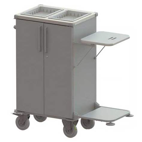 Carucior curatenie hotel profesional cu suporturi pentru saci de gunoi, 1260x1280x550 mm, din oțel, culoarea gri, cu uși