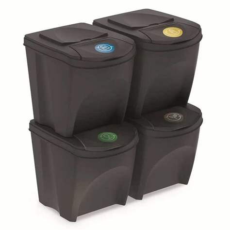 Set de 4 coșuri pentru sortarea deșeurilor SORTIBOX, volum 4x25 l, culoare antracit