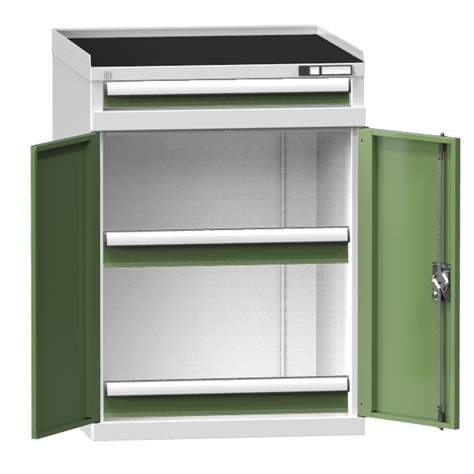 Box container - dulap pentru unelte, scule și instrumente CNC, lxLxH: 731x773x1010 mm, corp gri RAL7035/ușă verde RAL6011 - Polak CZ, s.r.o.