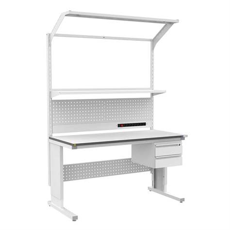 ESD-Arbeitstisch ALFA PLUS, mit Schubladen, Etagenbord und Beleuchtung, 1500 x 900 mm