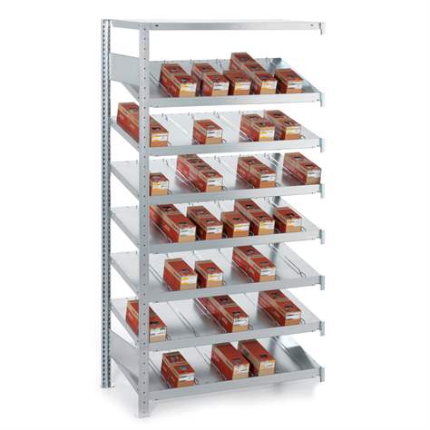 Schrägbodenregal CLIP, einseitig, HxBxT: 2000 x 1056 x 536 mm, 8 Etagen mit Tragfähigkeit 200 kg, Anbauregal - META Skladovací technika