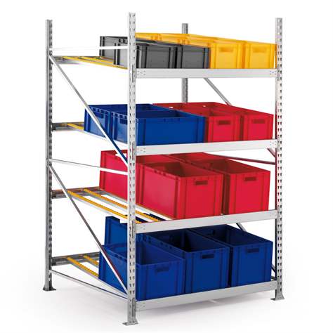 Schrägbodenregal MINI-RACK, HxBxT: 2200 x 1300 x 1295 mm, 4 Etagen mit Rollenleisten, Grundregal - META Skladovací technika