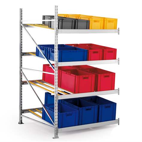 Schrägbodenregal MINI-RACK, HxBxT: 2200 x 1300 x 1295 mm, 4 Etagen mit Rollenleisten, Anbauregal - META Skladovací technika