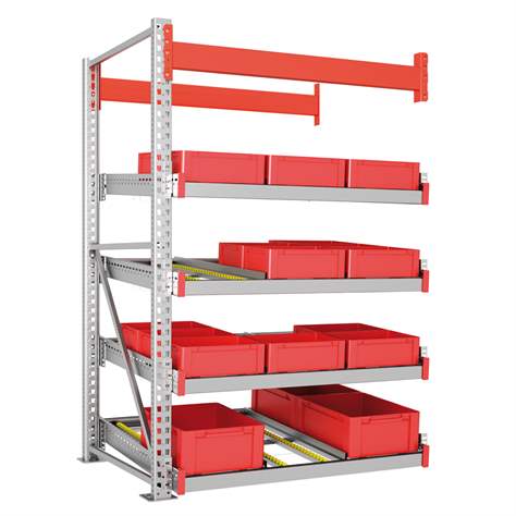 Schrägbodenregal Multiline MEDIUM,4 Etagen mit Rollenleisten BxT: 1400x1250 mm, Anbauregal - META Skladovací technika