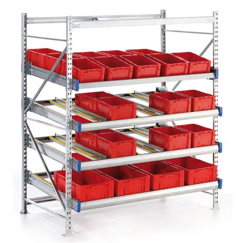 Spádový regál Multiline LIGHT, 4 police s válečkovými lištami š x h: 1800x1250 mm, základní - META Skladovací technika