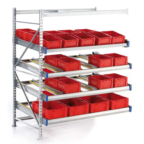 Spádový regál Multiline LIGHT, 4 police s válečkovými lištami š x h: 1800x1250 mm, přístavný - META Skladovací technika