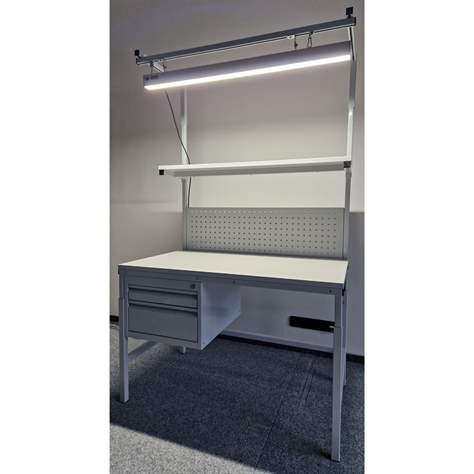 Pracovní stůl KLASIK s horní nástavbou, LED osvětlením a kontejnerem, 1200x700 mm - Kovona Lysa nad Labem