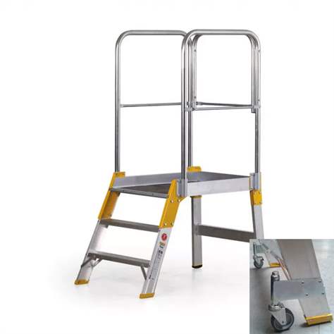 Scară cu platformă staționare FORTE și trepte pe o parte, înălțime 620 mm, 3 fuscele/trepte, cu roți - Alve